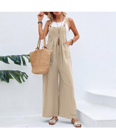 1983 Women's Summer Casual Loose Jumpsuits Wide Leg Pants with Pocket Khaki Medium
