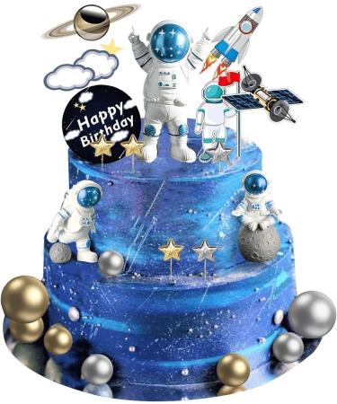 22 Pcs Space Cake Topper,Space Cupcake Toppers Astronaut Figurine Birthday Outer Space Themed Party Decorations Supplies Planet Rocket Pearl Balls and Star DIY Cake Toppers for Kids Party Baby Shower Blue