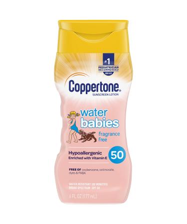 Coppertone Waterbabies Fragrance Free SPF 50 Sunscreen Lotion, Tear Free, Water Resistant, #1 Pediatrician Recommended brand, Broad Spectrum UVA/UVB Protection, 6 Ounce Bottle