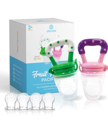 Ashtonbee 2-in-1 Baby Fruit Feeder and Teething Toy  Ultra-Soft Silicone Teether Feeder for Baby Feeding and Teething Relief  Includes 1 Pink and 1 Green Teething Pacifiers for Babies Star - Pink and Green