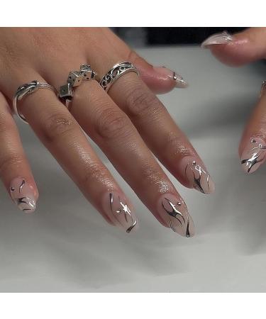 MISUD Press on Nails - Medium Almond Glossy Chrome Swirl Acrylic Stiletto - 24 pcs 3D Pearl Flash False Nails for Stunning Nail Art - Buy Online on SooperMarket.com