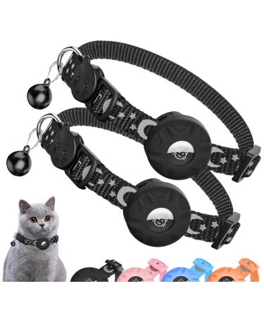 JARDILIFE 2-Pack Airtag Cat Collar Refective Collar for Cat with Safety Buckle and Waterproof Air Tag Holder Cat Airtag Collar Compatible with Apple Airtag for Kittens and Puppies-Black&Black