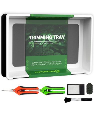Naturehydro Trimming Tray with Dry Sift Tools Trim for Pollen and Herbs with Screen 2-in-1 Herb Sifter 150 Micron Screen 2 Trimming Scissors and Brush(White)