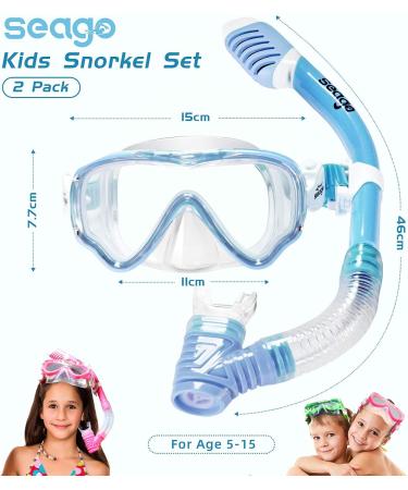 Kids Snorkel Set - 2 Pack Dry Top Mask & Gear for Boys Girls | Anti-Fog, Panoramic View, No Leak Mouthpiece | Scuba Diving & Swimming Equipment with Mesh Bag - Blue & Light Green - Buy Online on SooperMarket.com