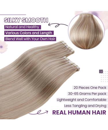 LaaVoo 55cm Tape In Real Hair Extensions - Ash & Light Blonde Highlights 20pcs 50g Remy Seamless Hair Extensions #P18/613 - Buy Online on SooperMarket.com