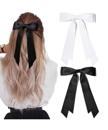 2PCS Silky Satin Hair Bows Hair Clip Black Hair Ribbon Ponytail Holder Accessories Slides Metal Clips Hair Bow for Women Girls Toddlers Teens Kids Black+White