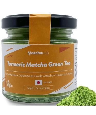 Matchaeco 50g Japanese Turmeric Matcha Green Tea Powder Flavoured | Stone Ground Ceremonial Grade From Japan | Pesticide-Free | Recyclable Jar Lid | Vegan Baking Gift Ideas | Matcha latte Turmeric 50g
