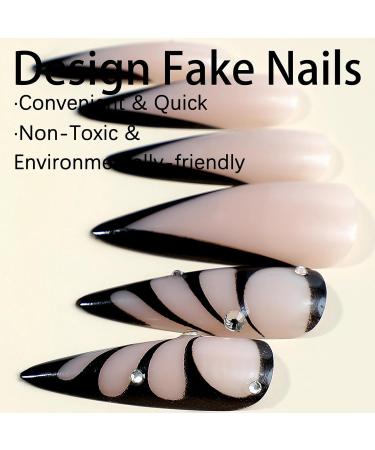 Buy MISUD Long Stiletto Press on Nails - Glossy Black French Tip Fake Nails with Rhinestones & Butterfly Design - 24 pcs Acrylic Nail Set - Fast International Shipping - Buy Online on SooperMarket.com