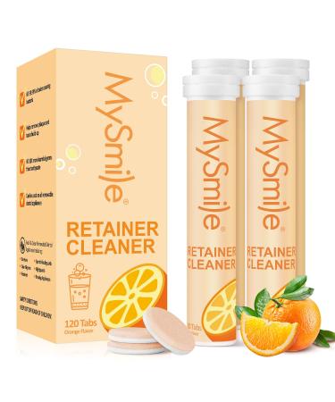 MySmile Retainer Cleaner with 120 Denture Cleaning Tablets Quickly Remove Odors Discoloration Stains & Plaque from Aligner Mouth Guard Night Guard and More Dental Appliances (Orange Flavor)