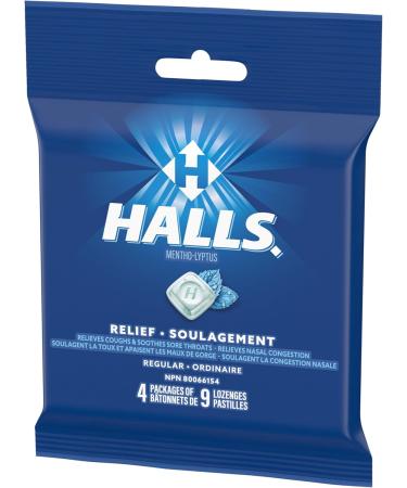 HALLS Regular Cough Drops Throat Lozenges Sore Throat Relief Mentho-Lyptus 4 Packs of 9 Lozenges - Buy Online on SooperMarket.com