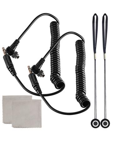 3.5 mm Male Flash PC Sync Cable, YuCool 2 Pack 14-Inch Coiled Cord with Screw Lock Suitable for Nikon, Canon, and Most DSLR Cameras, 2 Camera Lens Cap Holder, Bonus 2 Cleaning Clothes