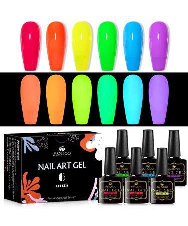 MSRUIOO Glow in the Dark Gel Nail Polish  6 Colors Luminous Neon Gel Polish Set Fluorescent Bright Colors Hot Pink Yellow Purple Glow Effect Soak Off UV Gel Polish for DIY Nail Art Design Bright Luminous