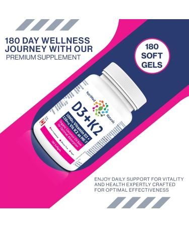 Optimal Bone & Teeth Support D3 + K2 180 Softgels - Optimal Absorption with Organic Coconut Oil Base MK7 K2 Vitamin for Bone & Heart Health Inspiring Wellness with D3K2 Vitamins 3rd Party Tested - Formulated & Made in Canada - Buy Online on SooperMarket.com