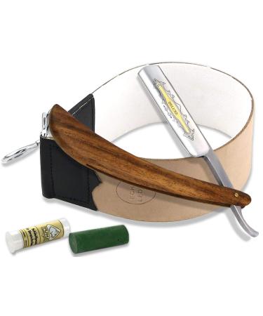 Premium Solingen paste in the set with a razor with gold etching on the razor blade and wooden handle + professional leather linen combination off straps for sharpening