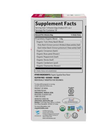 Organic India Tulsi Cinnamon Rose Herbal Tea - Stress Relief & Immune Support, Gluten-Free, USDA Organic - 18 Caffeine-Free Infusion Bags - Buy Online on SooperMarket.com