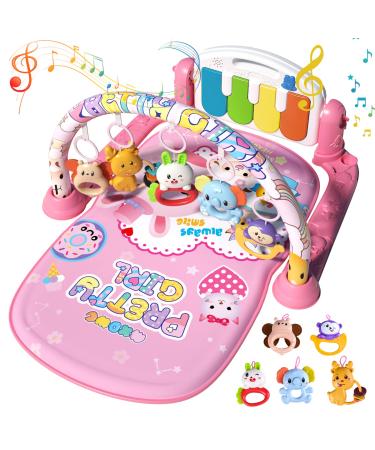 Baby Play Gym Mats, Baby Activity Mat for Sensory and Motor Skill Development, Baby Kick and Play Piano Gym with Music and Lights Activity Gym Play Mat Center for Newborn 0-12 Months Pink