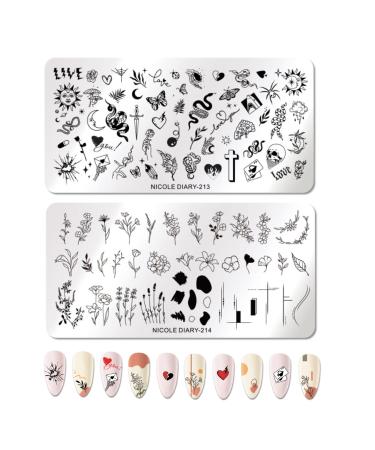 Nail Stamping Plates 2 Pcs Nail Art Stamping Templates Leaves Flowers Butterfly Heart Nail Stamping Kit Manicure Tool for DIY Nail Art Design