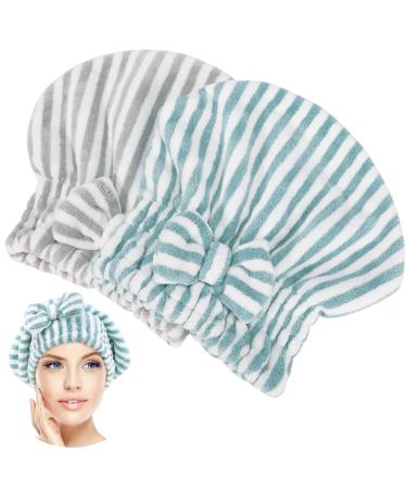 2Pack Microfiber Hair Towel Cap Hair Drying Caps with Bow-Knot Absorbent Quick Drying Cap for Women Soft Hair Drying Towel Cap Fast Drying Hair Caps for Wet Hair Curly Long Hair(Blue White Gray White)