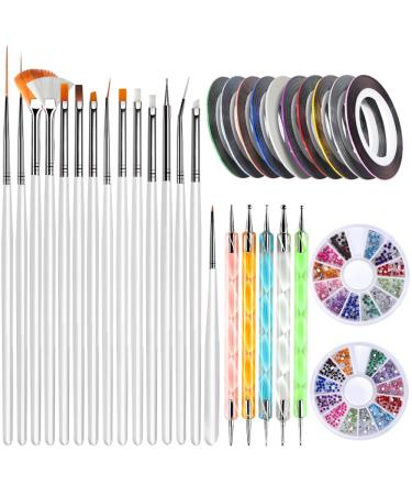Nail Art Brushes, Teenitor 3D Nail Art Paiting Polish Design Kit with 15 Nail Gel Brushes, Nail Dotting Pen 5pcs, 12 Colors Nail Rinestones & 10 Adhesive Nail Striping Tape for False Acrylic Nails Assorted