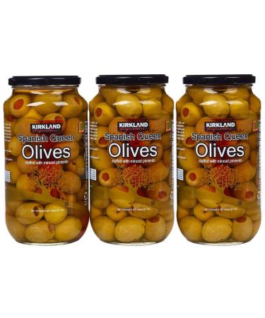 Kirkland Signature Spanish Queen Olives Stuffed With Minced Pimiento, 21oz Glass Jar (Pack of 3, Total of 63 Oz)