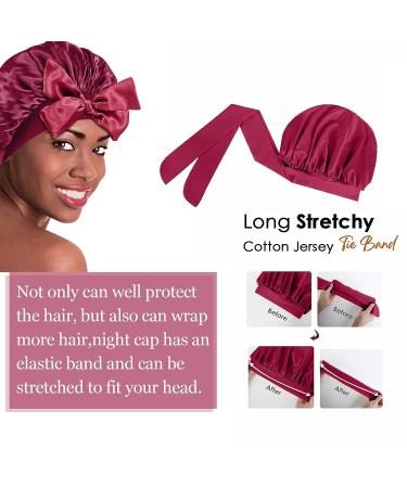 2 PCS Silk Bonnets for Black Women - Reversible Satin Hair Wrap Cap for Sleeping & Showering | Adjustable Satin Night Cap for Long Curly Hair - Black & Wine Red - Buy Online on SooperMarket.com