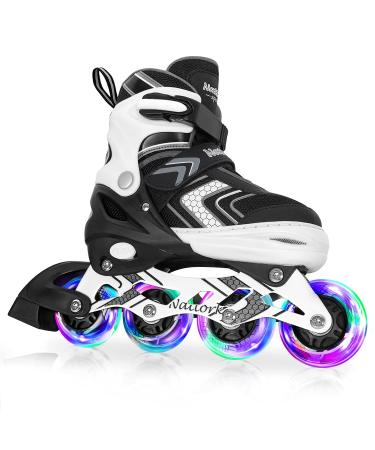 Nattork Inline Skates for Girls Boys Kids with Full Light Up Wheels,Safe Durable Inline Skates,Adjustable Outdoor Blades Roller Skates for Girls and Boys,Beginners Purple Pink Black Blue Black Large-Youth (5-8 US)