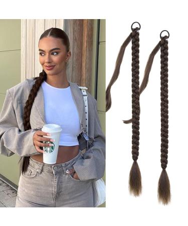 Fulang hair 2pcs braid ponytail extension braid with hair tie hair part for brilliant long ponytail art hair for women braided hair part (deep reddish brown)