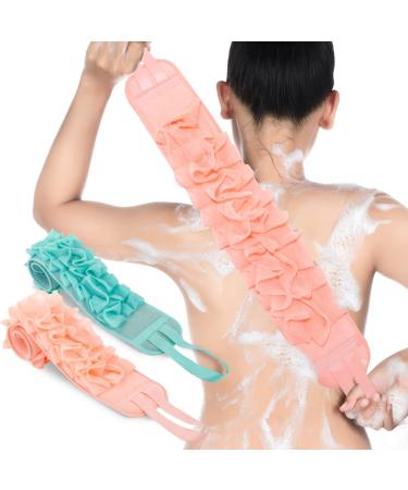 2 Pack Exfoliating Back Scrubber Double Sided Exfoliating Cloth with Strap Long Body Scrub Sponge Shower Loofah with Handle for Women Men Deep Clean Body Washing (Pink  Blue  Soft Cloth) Soft Cloth 2 Count (Pack of 1)