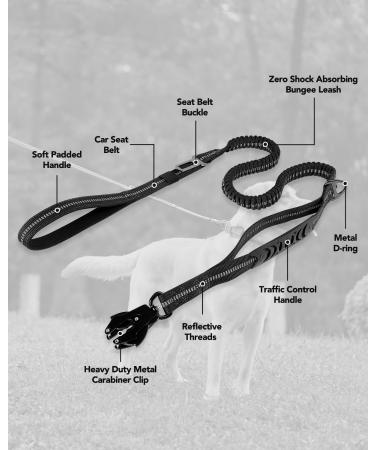 Joytale Tactical Dog Lead | Heavy Duty 1.2-1.8m Shock Absorbing Bungee Lead | 2 Handle Metal Carabiner | Car Seatbelt Strong No Pull Lead for Medium Large X-Large Dogs - Black - Buy Online on SooperMarket.com