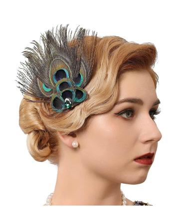 GENBREE Vintage 1920s Flapper Headband Peacock Feather Hair Clip Rhinestone Gatsby Headpiece Cocktail Hair Accessories for Women and Girls (Style 2)