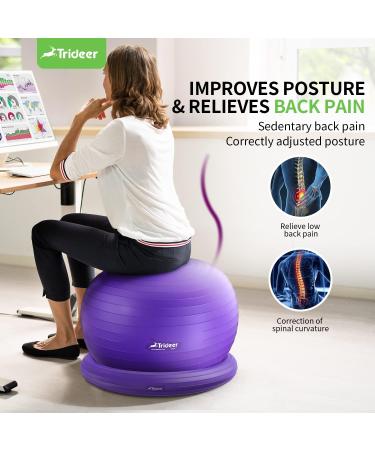 Trideer 65cm Purple Exercise Ball Chair with Base & Bands - Home Gym Workout & Back Pain Relief - Buy Online on SooperMarket.com