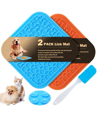3 Pcs Licky Mats for Dogs 2 Dog Lick Mats with 1 Silicone Spatula Dog Lick Pad with Strong Suction Suitable for Pet Bathing Grooming Training 2 PCS (1 PCS Blue + 1 PCS Orange)