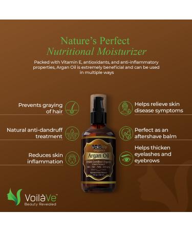 VoilaVe Organic Moroccan Argan Oil - Cold Pressed for Skin, Nails, Hair Growth - Anti-Aging Moisturizer with Vitamin E - 4 fl oz - Buy Online on SooperMarket.com
