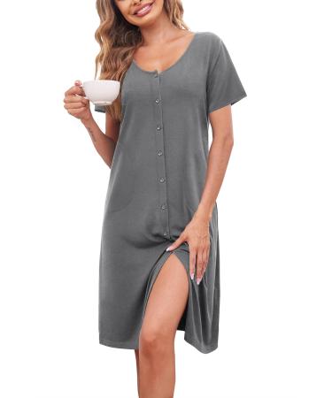 Ekouaer Women Nighties Short Sleeve Above Knee Soft Nightdress Button Down Nighties Ladies loose Sleepwear Summer Loungwear with Pockets XXL Grey