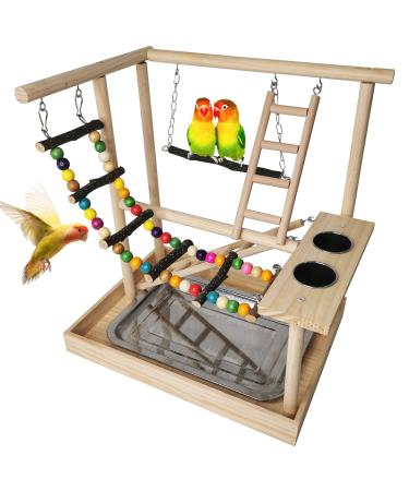 Hamiledyi Parrots Playground, Bird Play Gym Wood Perch Stand Colours Climb Ladders Swing Chewing Toys with Parakeet Feeding Cups Exercise Activity Center for Conure Cockatiel Lovebirds(Include a Tray)