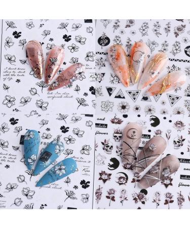 Retro Flower Nail Art Stickers - 12 Sheets Self-Adhesive Decals for DIY Nail Design - Vintage Floral Vine Letters in Black and White - Nail Supplies for Women - Buy Online on SooperMarket.com