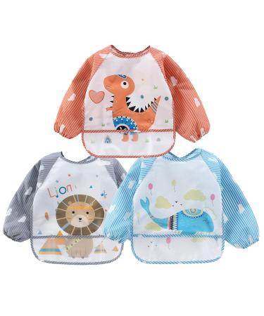 JinBei Baby Bibs with Sleeves 3PCS Long Sleeve Bibs Waterproof with Large Pocket Babies Feeding Bib Washable Easy to Clean Eating and Painting Bibs for Unisex Infant Toddler 6-36 Months