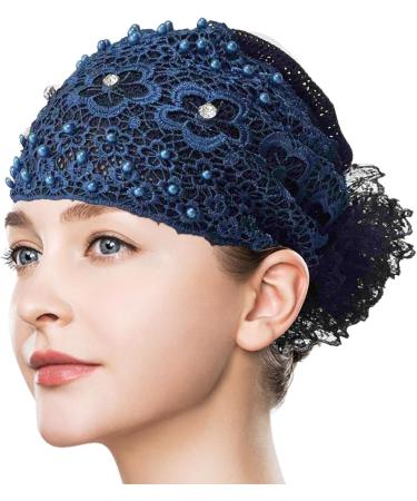 Dranng Lace Hairband Headwrap Lace Elastic - Pearl Lace Stretch Headbands Cloth Elegant Headband Women Hair Accessories Navy Blue - Buy Online on SooperMarket.com
