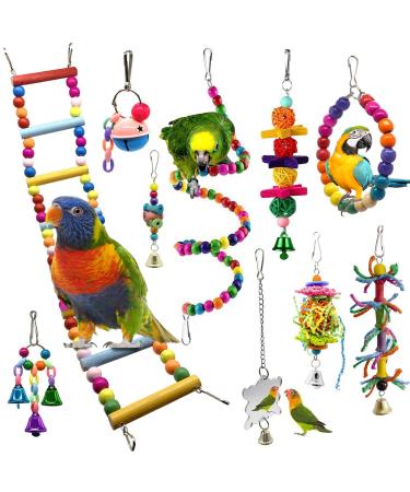 Bojafa Bird Toys For Budgie Parrot Toy - 10 Pack Hanging Budgies Play Stand Perch For Cage Natural Wooden Birds Swing Ladder Large Cockatiel Toy Accessories For African Grey Parrots Conure Parakeet