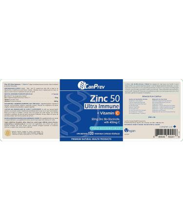 CanPrev Zinc Immune + Vitamin C | 120 Capsules | 50mg of Zinc Bis-Glycinate with 400mg of Vitamin C - Buy Online on SooperMarket.com