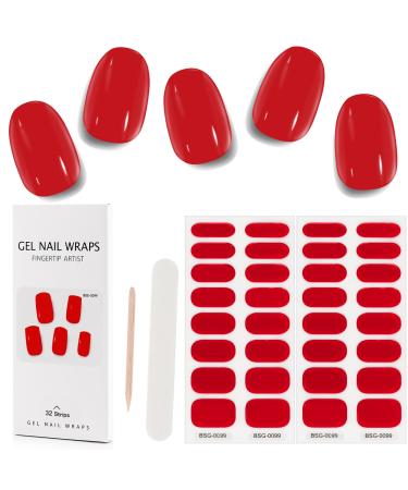 Kalolary 32PCS Cured Gel Nail Polish Strips Adhesive Full Wrap Gel Nail Art Sticker Waterproof Gel Nail Wrap Stickers with Nail File and Stick(UV/LED Lamp Required) (Bright Red)