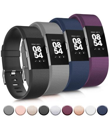 Tobfit Sport Bands Compatible with Fitbit Charge 2, 4 Pack, Replacement Wristbands for Women Men, Small/Large Black/Plum/Blue/Grey Small