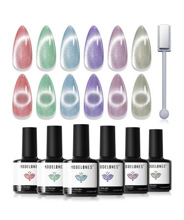 Modelones Cat Eye Gel Nail Polish Set 6 Colors Holographic Red Blue Purple Silver Gel Polish Glitter 9D Magnetic Gel Polish Pink Shimmer Summer Gel Polish with Magnet Nail Art DIY Salon For Women