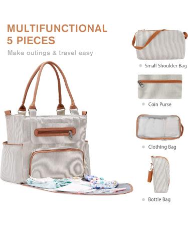SONARIN 7pcs Nappy Changing Bag Set Multifunction Mummy Tote Bag Baby Changing Bag Shoulder Handbag Travel Diaper Bag with Bottle Bag Changing Mat and Stroller Straps white stripped(Khaki) - Buy Online on SooperMarket.com
