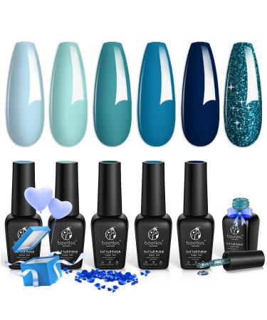 Beetles Gel Nail Polish Kit Fall Winter Colors - 6 Colors Ice Blue Holiday Gel Polish Set Dark Blue Navy Blue Sparkle Soak Off UV DIY Manicure Gift for Women Iceland Lagoon