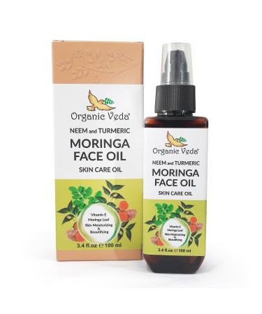 Organic Veda Moringa Face Oil with Neem & Turmeric - 100% Pure Cold Pressed Skin Care Oil Moisturizer for Face Hair & Skin Natural Skin Glow - 3.4 oz