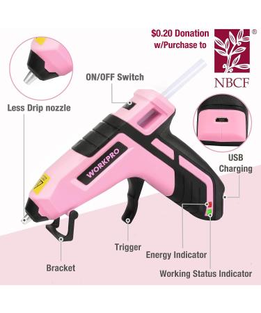 WORKPRO Cordless Hot Melt Glue Gun Kit | Rechargeable Mini Glue Gun with 20 Premium Glue Sticks | Automatic Power Off for Art, Crafts, Decorations, and Fast Repairs | Pink Ribbon - Buy Online on SooperMarket.com