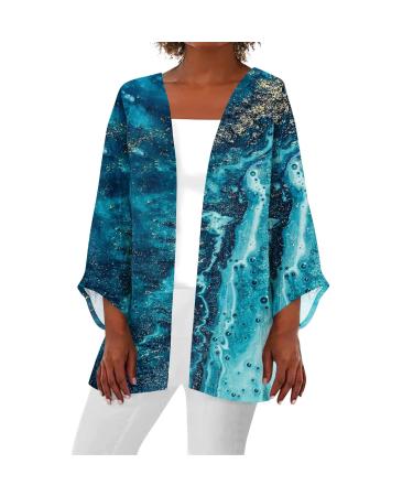 Cardigan Sweater for Womens Retro Print 3/4 Sleeve Blouse Tops Coat Casual Duster Cardigans Lightweight Jackets 5-royal Blue Medium