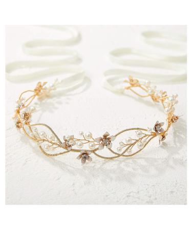 SWEETV Gold Bridal Headpiece Pearl Wedding Headband Flower Design Rhinestone Hair Accessories for Bride Bridesmaid