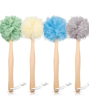4 Pieces Loofah Back Scrubber Bath Sponge with Wooden Handle, Long Handled Sponge Mesh Pouf Shower Exfoliating Bath Shower Body Brush Luffa Bath Back Brush for Women Men (White, Grey, Blue, Green) Blue,green,white,grey